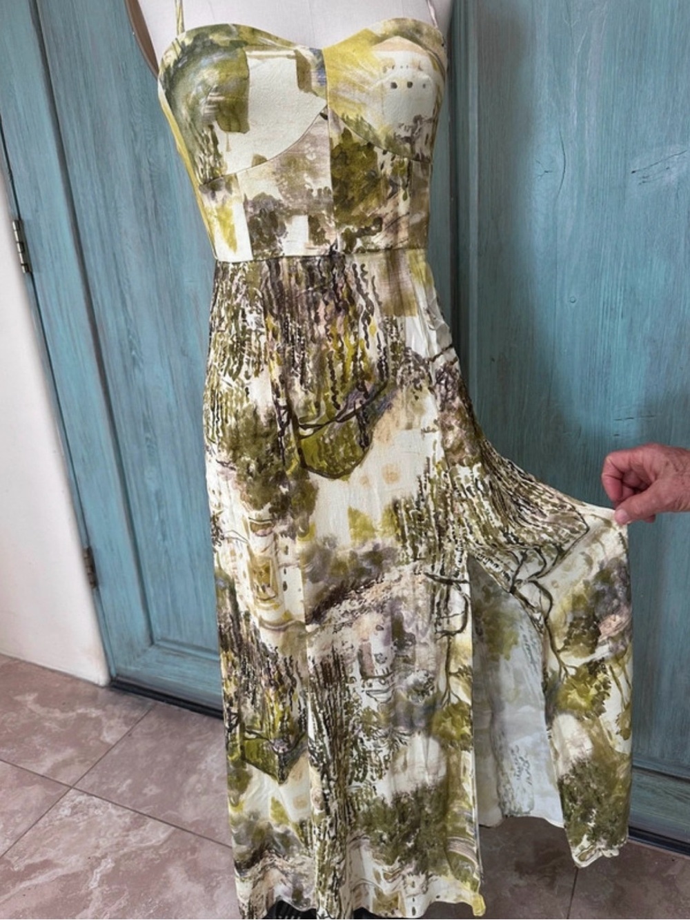 NWT Zara Olive Green and Cream Printed Bustier Slip Dress